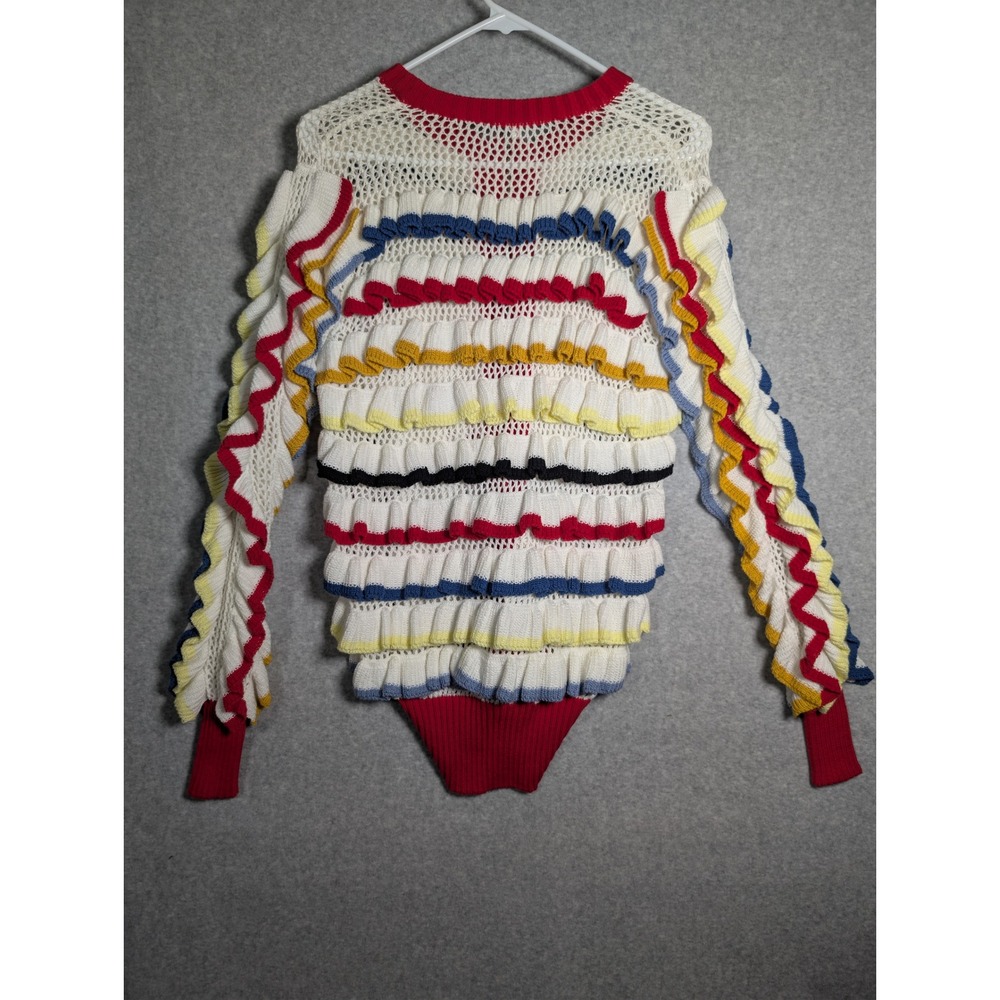 ANDREEVA Crochet Sweater Multi Color Ruffle Open Knit Zip Up Cardigan Medium - Picture 2 of 9